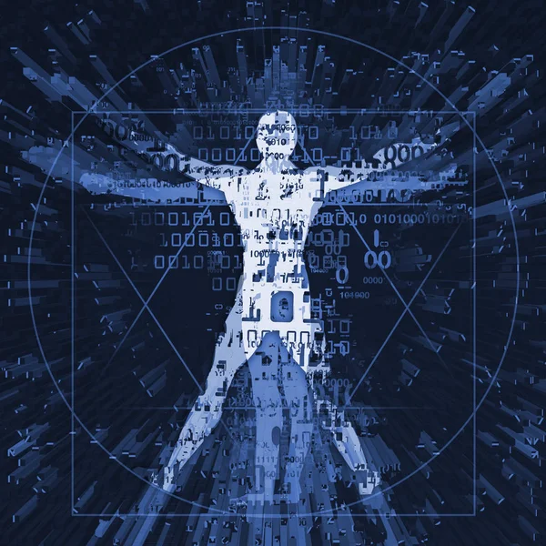 Витрувианский Человек Цифровой Эпохи Иллюстрация Витрувианца Двоичными Кодами Символизирует Цифровую — стоковое фото