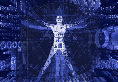 Bilgisayar verilerini açılımdaki Vitruvius adamı. Vitruvius adamı ikili kodları ile fütüristik çizimi dijital çağın sembolize.