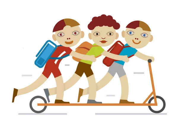 学校的男孩骑着摩托车 三快乐的微笑学校男孩用书包骑摩托车 — 图库矢量图片
