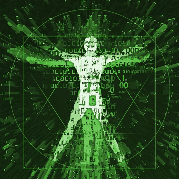 Vitruvian Man Digital Age Green Background Illustration Vitruvian Man Binary — Stock Photo, Image