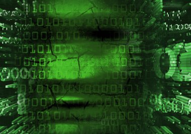 Yeşil ikili yüzünde hacker arka plan kodları. İnsan yüzü çatlaklar, siber suçlar simgeleyen ikili kodları ile bulaşmış mahvetti.