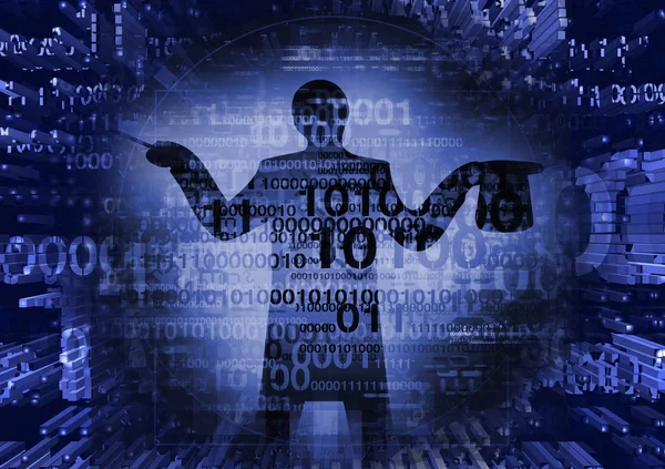 バイナリ コードの背景にコンピューターのマジシャン バイナリ コードと暗い青色の背景に魔術師のシルエット — ストック写真