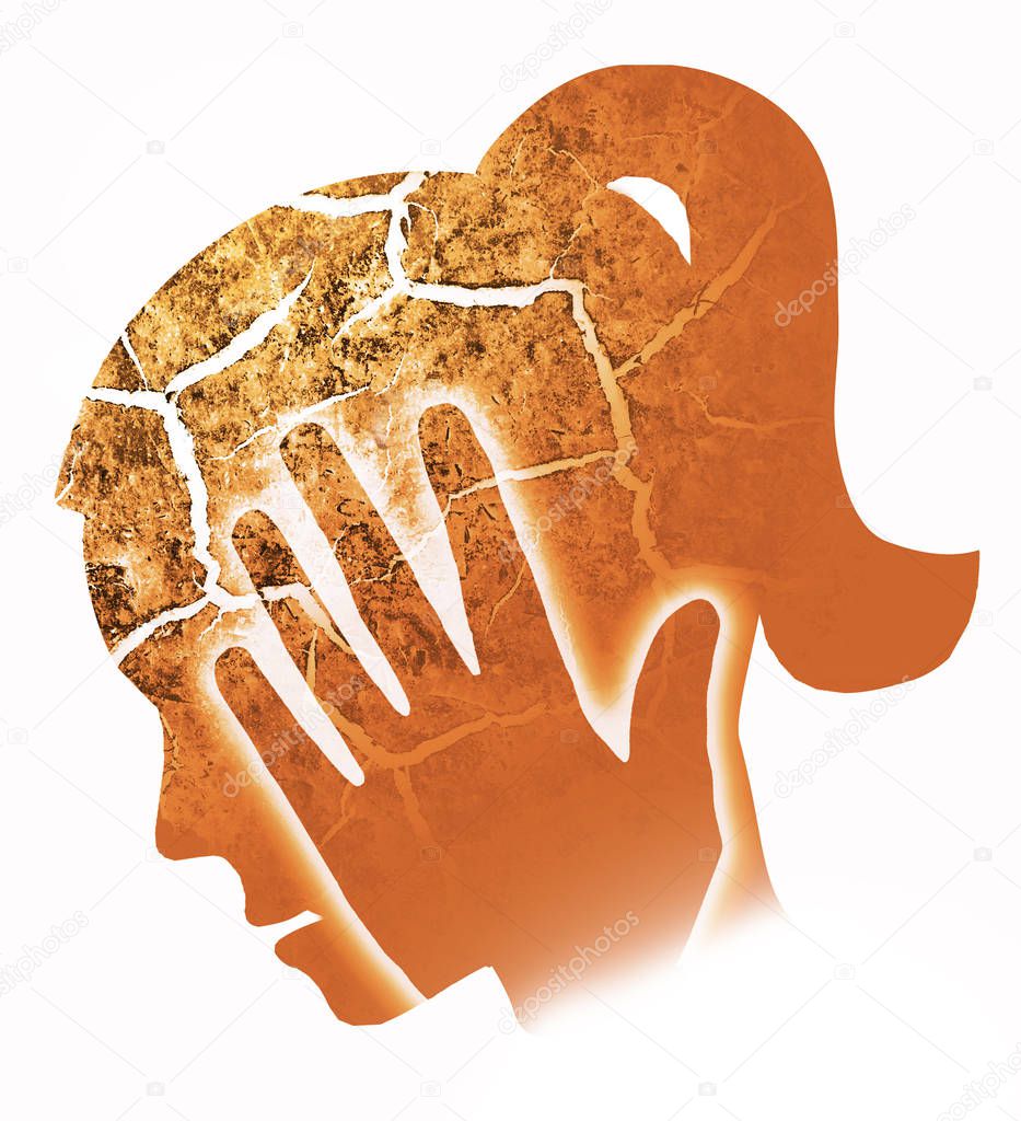 Woman migraine, Headache, Burn out. Stylized female head silhouette holding his head.Photo-montage with Dry cracked earth symbolizing Depression, Headache. Isolated on white background
