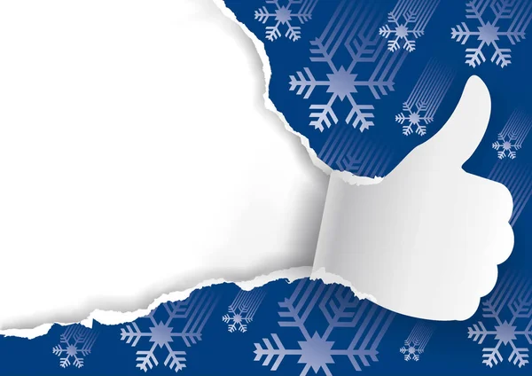 破れた紙の親指とクリスマスの背景 雪の結晶のシルエット親指のリッピングを青いクリスマス包装紙を紙します テキストまたはイメージの配置します ベクトルの利用 — ストックベクタ