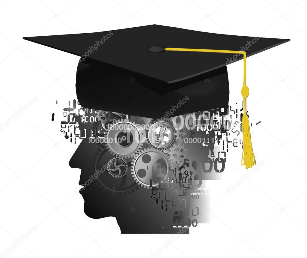 Overworked student with with Graduation cap.Stylized male head silhouette  with Graduation cap, digital numbers and gear. 