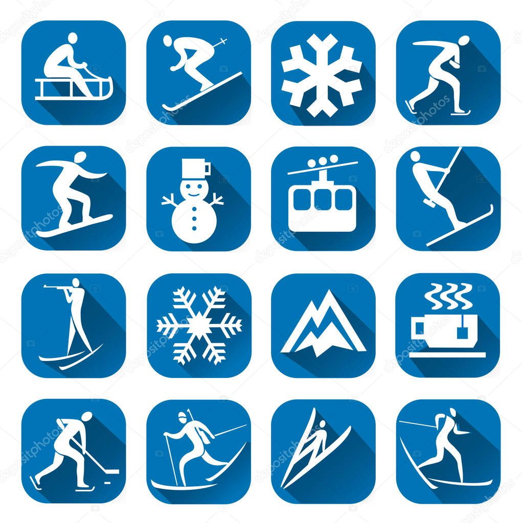 Winter sport icon with long shadow.Set of blue winter sport icons with winter sport activities. Vector available.