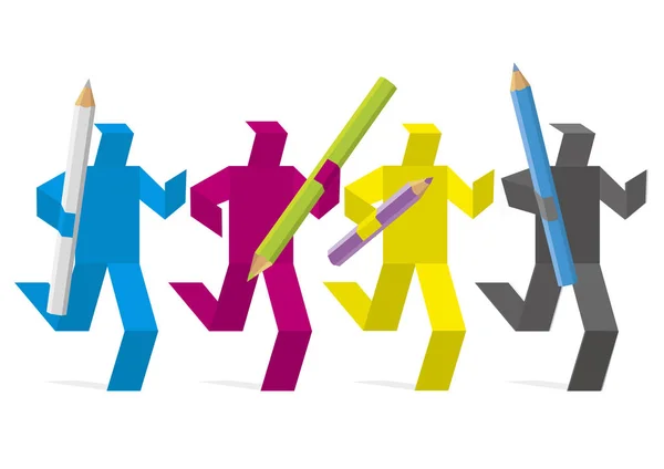 Graficzny Projektant Maraton Koncepcja Pracy Zespołowej Projekt Cztery Kolorowych Figur — Wektor stockowy