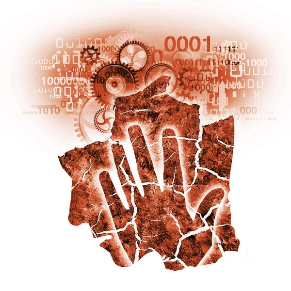 デジタル痴呆症燃え尽き症候群 Head のギアとデジタル痴呆症を象徴するバイナリ コードを抱きかかえたの様式化されたシルエット — ストック写真