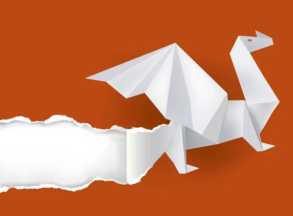 Origami Drachen Ripping Paper Illustration Des Papierdrachen Ripping Red Paper — Stockvektor