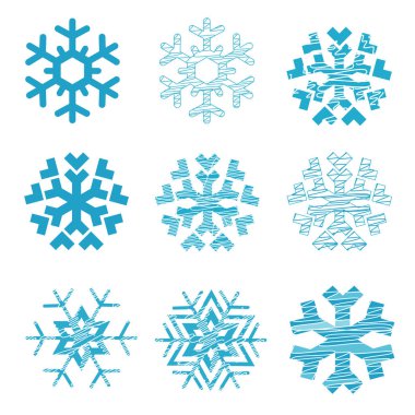 Kar taneleri ayarlayın. Dokuz stilize kar taneleri kümesi. Beyaz arka plan üzerinde izole. Vektör kullanılabilir. 