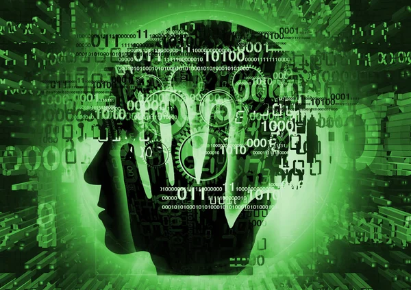 Hacker in cyber space, Data, hacking, security concept.Stylized male head, programmer,hacker, computer expert silhouette holding his head, with binary codes and gear on green background.
