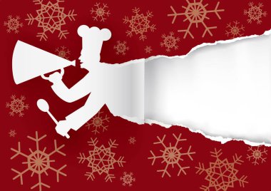 Şef Noel menüsü, Kağıt arka plan yırtılmış. Kağıt silueti kırmızı kağıt Noel arka plan sökük megafon ile aşçı. Metin veya resim için yer. Vektör kullanılabilir.