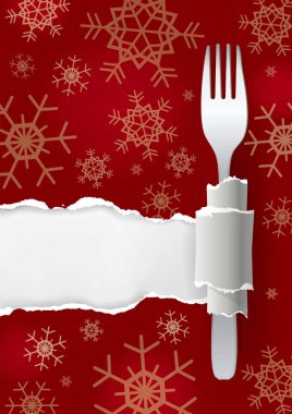 Menü Noel kırmızı Kağıt arka plan sökük. Kırmızı yırtık kağıt çatal ve kar taneleri Illustration. Metin veya resim için yer. Vektör kullanılabilir.