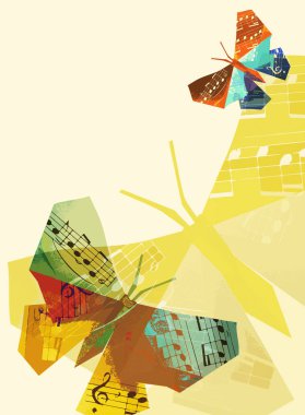 Origami Kelebek müzik notaları ile. Renkli arka plan ile müzik notaları ile origami butterflys Illustration. Kavramı klasik müzik için.
