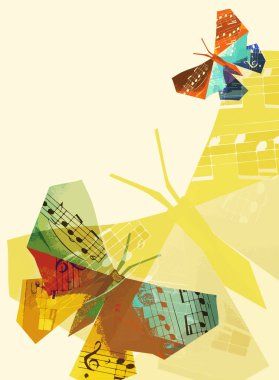 Origami butterfly with musical notes. Illustration of colorful background with origami butterflys with musical notes. Concept for classical music. clipart
