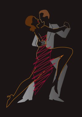 Balo Salonu dansçılar, mizaç tango. Genç ifade Stylized çizimi dans tango, foxtrot, siyah arka plan üzerine çiftler. Vektör kullanılabilir.