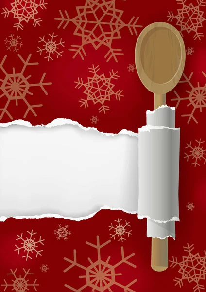 크리스마스 숟가락으로 나무로 숟가락과 눈송이 빨간색 찢어진된 종이의 텍스트 이미지를 — 스톡 벡터