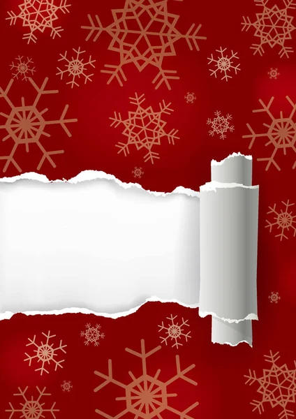 Vánoční Roztrhané Papírové Pozadí Roztrhl Červené Vánoční Papír Sněhové Vločky — Stockový vektor