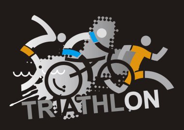Triatlon yarışçılar, stilize soyut. Üç triatlon soyut stilize sporcular yazıt triatlon siyah zemin üzerine. Vektör kullanılabilir. 