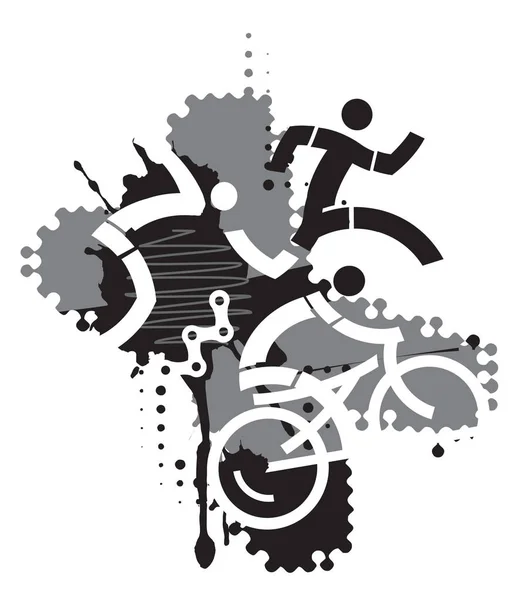 铁人三项比赛 抽象风格化 三个铁人三项抽象风格的运动员在黑色和灰色的背景 可用的向量 — 图库矢量图片