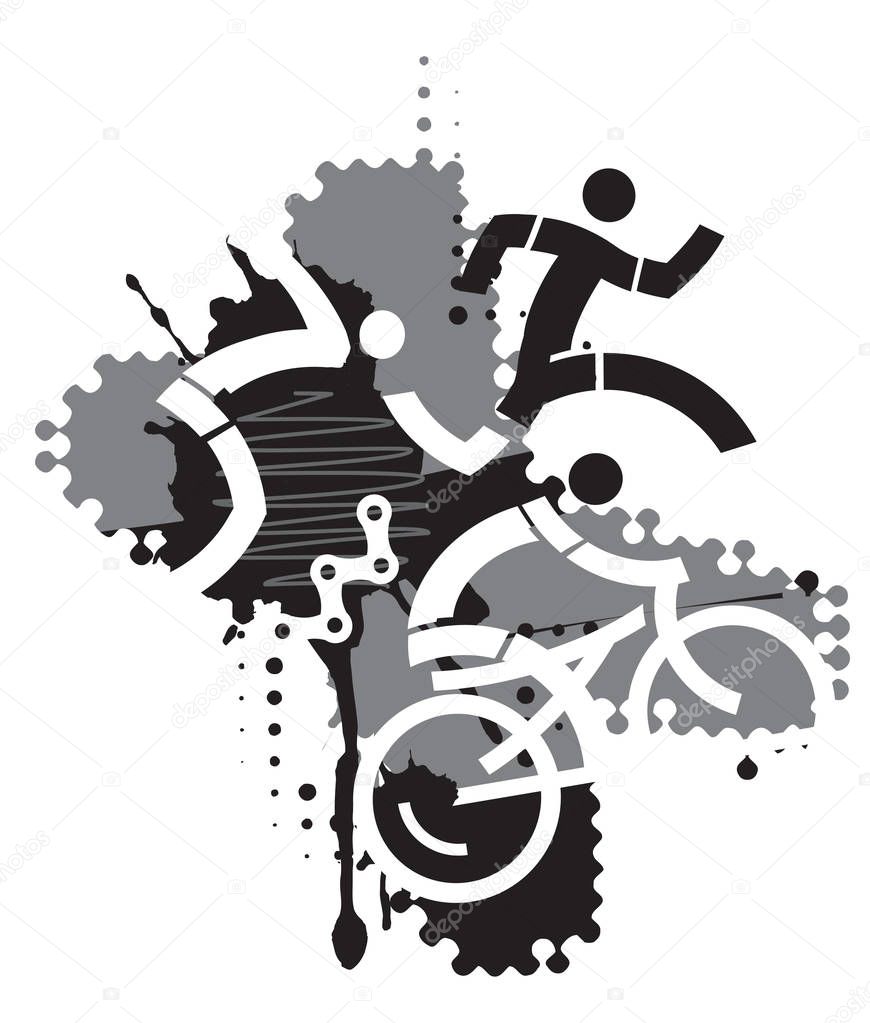 Triathlon Racers, abstract stylized. Three triathlon abstract stylized athletes on the black and gray background. Vector available. 