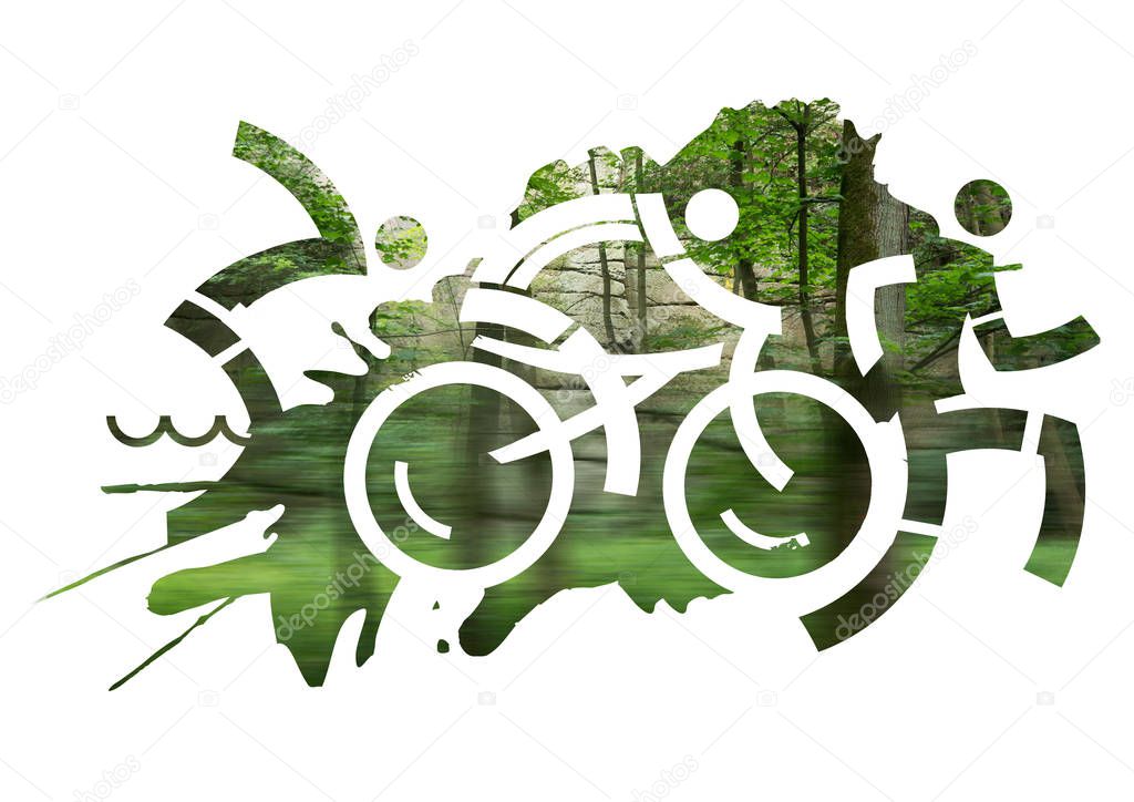 Triathlon Racers in the wild.Blurred photo of a forest set in a stylized illustration of a triathlon race. Isolated on white background.