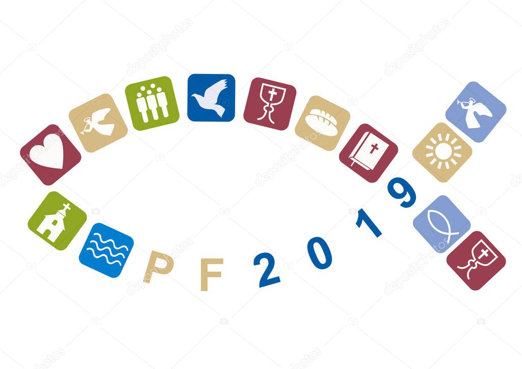 Christianity Fish symbol,Happy New Year 2019 with christian symbols.Pf card new year 2019 with fish and Stylized christian icons. Vector available.
