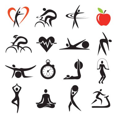 Sağlık Fitness Spor simgeler kümesi. Fitness ve sağlıklı yaşam tarzı simgeleri stilize. Beyaz arka plan üzerinde izole. Vektör kullanılabilir. 