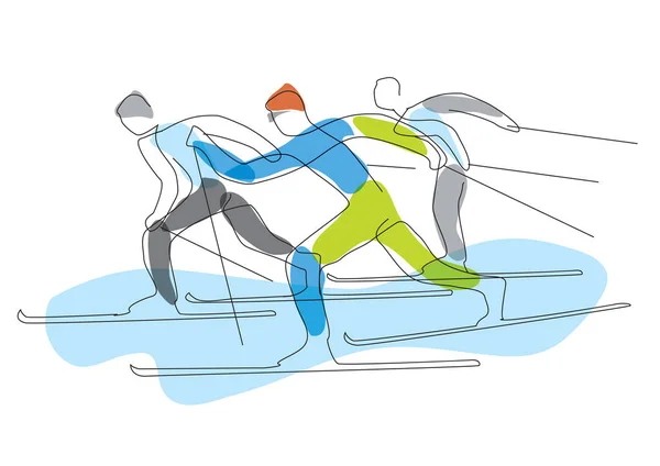 Cross Country Race Illustration Cross Country Ski Racers Line Art — Stock Vector