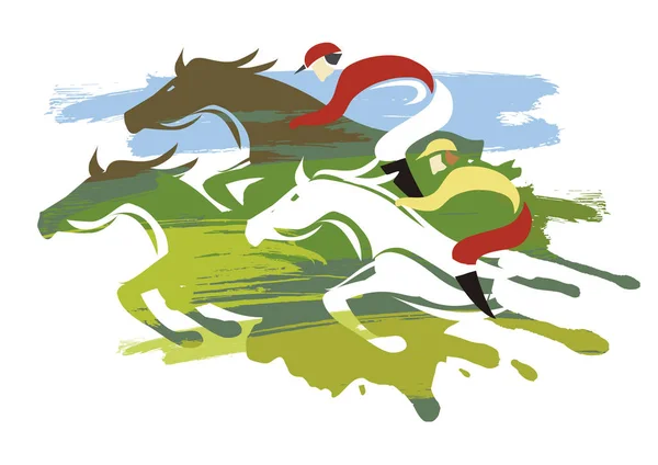 Paardenrennen Drie Paarden Volle Snelheid Expressieve Kleurrijke Illustratie Van Paardenrennen — Stockvector