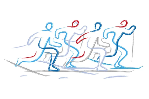 Course Fond Illustration Quatre Coureurs Ski Fond Art Linéaire Expressif — Image vectorielle