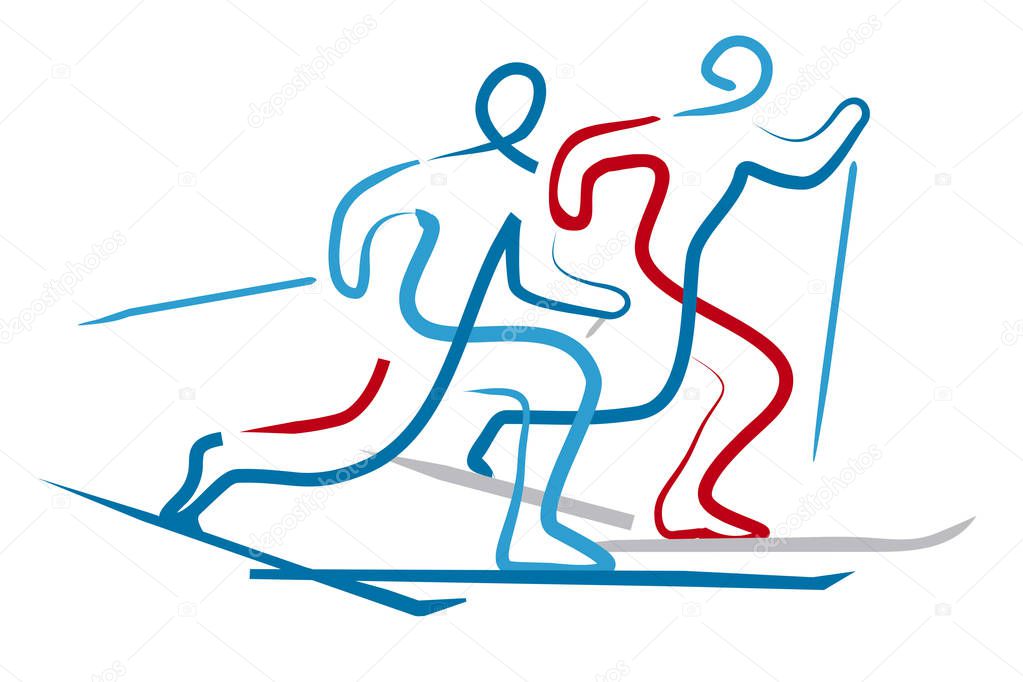 Cross country skiers.Illustration of two Cross country ski racers, expressive line art stylized. Isolated on white background. Vector available.