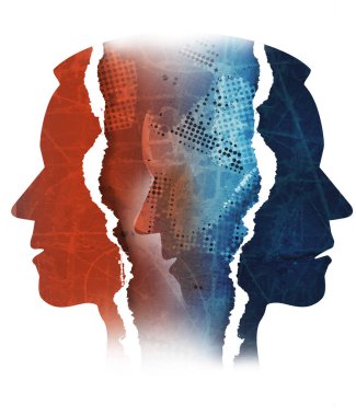 Şizofreni depresyon kağıt kavramı sökük. Yırtık kağıt erkek baş siluetleri stilize. Şizofreni, depresyon simgeleyen kavramı.