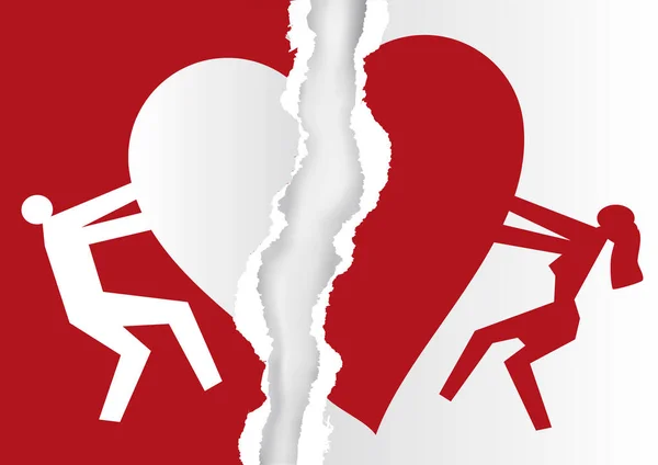 Couple Divorcé Papier Déchiré Blanc Rouge Avec Symbole Cœur Papier — Image vectorielle