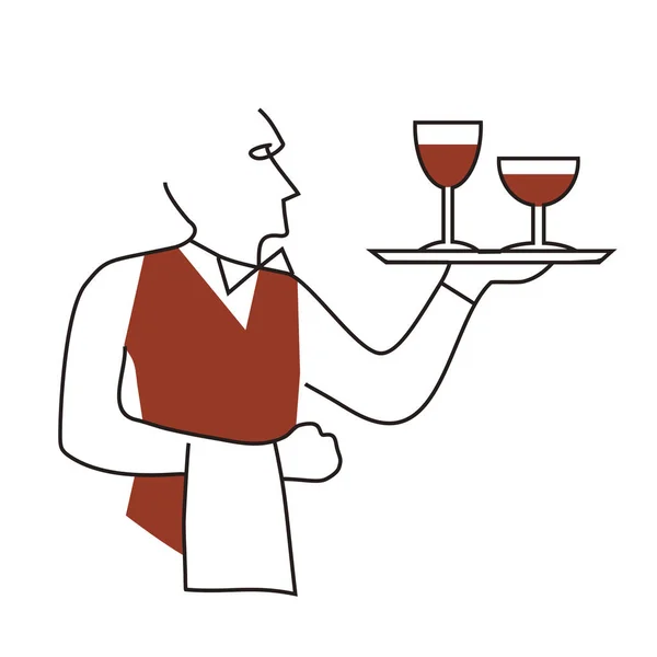 服务员供应葡萄酒 线艺术风格的插图 一个穿着红色背心供应红酒的服务员 隔离在白色背景上 可用的向量 — 图库矢量图片