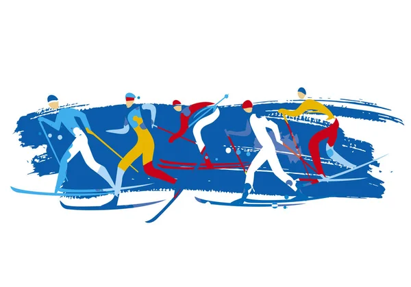 Cross Country Ski Race Grunge Stylized Illustration Five Cross Country —  Vetores de Stock