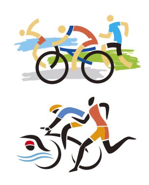 Triatlon yarış, koşucu, bisikletçi, yüzücü sembolü. İki farklı çizimler üç triatlon sporcuların stilize. Beyaz arka plan üzerinde izole. Vektör kullanılabilir