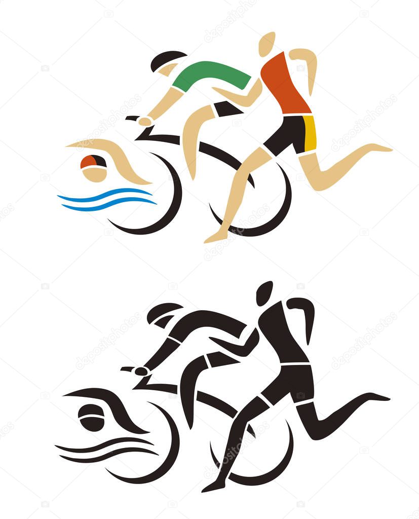 Triathlon Racers, Runner, cyclist, swimmer icon.Two Stylized illustrations of Three triathlon athletes. Isolated on white background. Vector available.