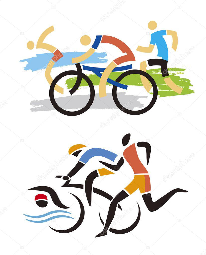 Triathlon Race, Runner, cyclist, swimmer symbol.Two differently stylized illustrations of Three triathlon athletes. Isolated on white background. Vector available