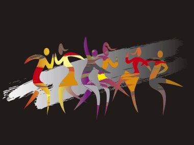 Modern dans, disko dansçılar, dans partisi. Disko veya modern dans dansçılar siyah arka plan üzerinde renkli ifade Illustration. Vektör kullanılabilir.