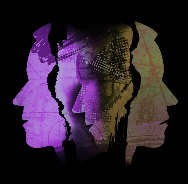 Schizophrenia, depression, human tragedy, male heads. Male heads stylized silhouettes shown in profile. Concept symbolizing schizophrenia, depression, human tragedy.Illustration on black background.