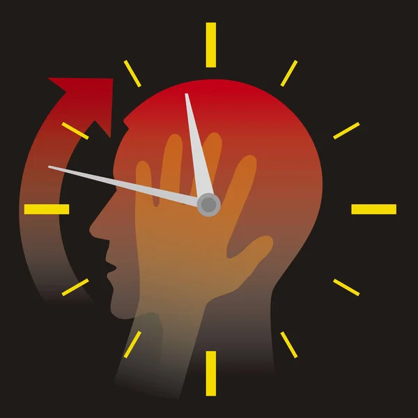 Deadline, stressed out man with watch. Stylized male head silhouette holding his head, with watch. Concept for stress and overwork. Illustration on black background.Vector available.