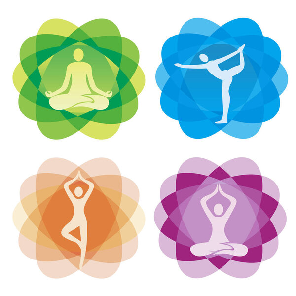 Yoga positionson icons on decorative backgrounds.Set of yoga icons on colorful decorative abstrtract background.Isolated on white background. Vector available.