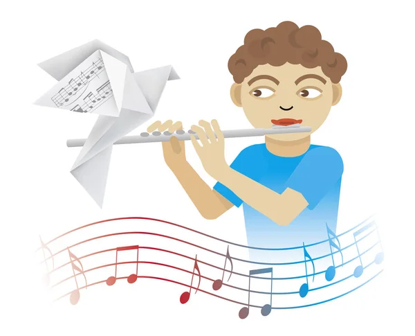 Niño Tocando Flauta Ilustración Niño Tocando Flauta Con Paloma Origami — Vector de stock