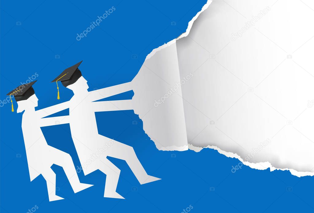 Two graduates torn blue paper background.Illustration of two students paper silhouette with mortarboard ripped paper. Template for announcement of graduations.Vector available.