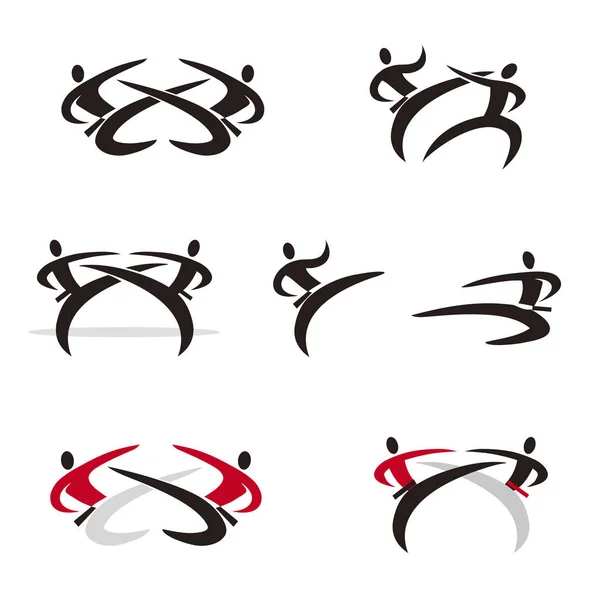 Martial Arts Karate Taekwondo Icons Set Black Colorful Expressively Stylized — Stock Vector