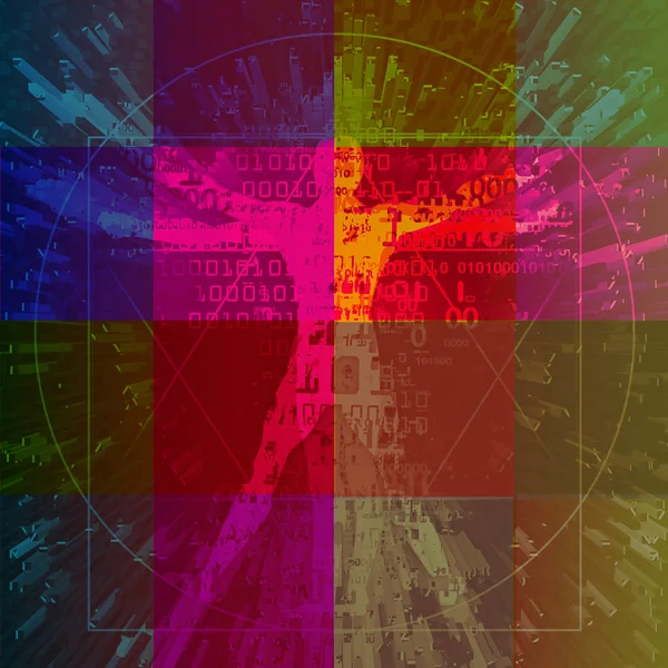 Vitruvian man with binary codes on colored squares background . Futuristic expressive Illustration of vitruvian man with a binary codes symbolized digital age. Concept for science, new tecnologies and anatomy.