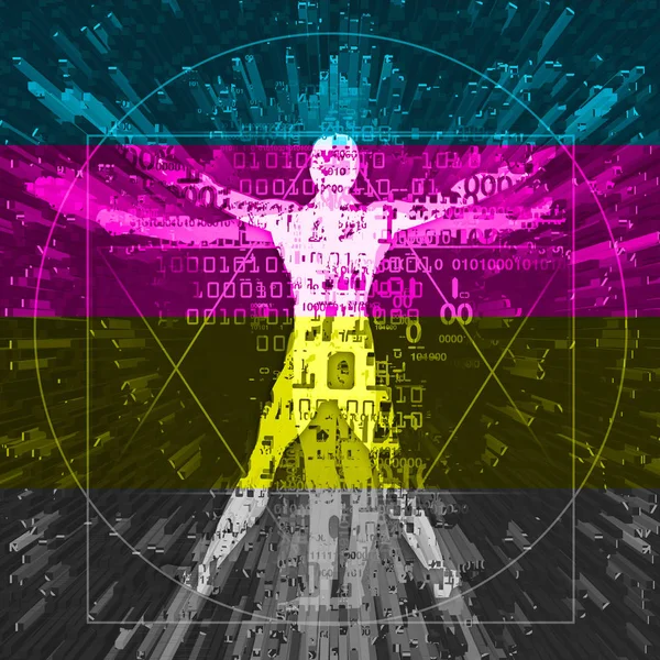 Vitruvian Mann Explosion Von Computerdaten Und Druckfarben Streifen Futuristische Expressive — Stockfoto