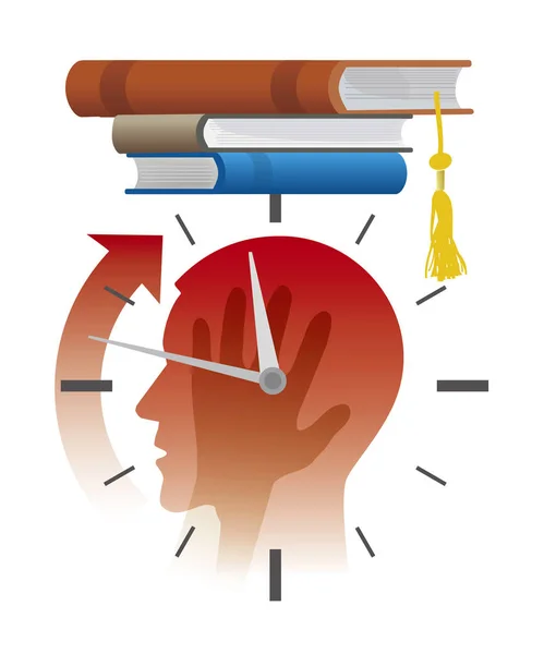 紧张的学生在考试前 最后期限的概念 风格化的插图年轻人的头剪影抱着他的头 手表和书籍作为毕业帽 可用的矢量 — 图库矢量图片