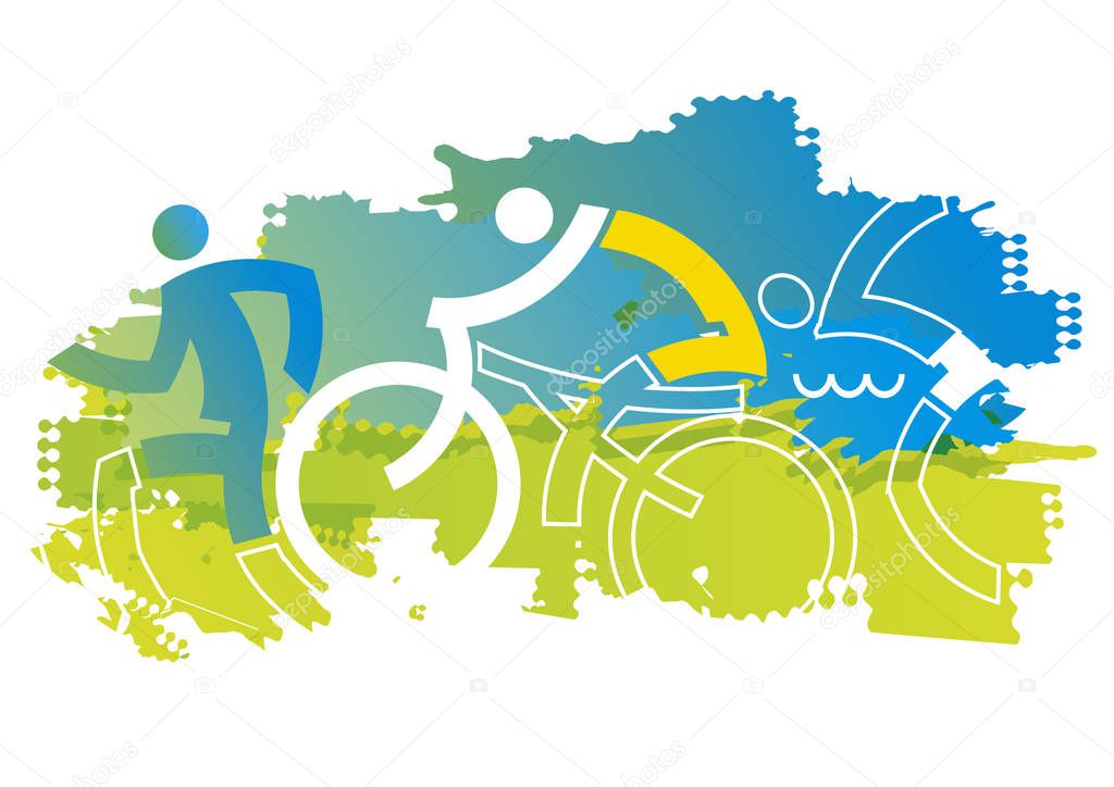 Triathlon Racers, grunge stylized.Expressive dynamic drawing Three triathlon athletes on the blue grunge background. Vector available.
